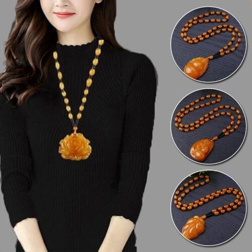 New Amber Pendant Necklace Water Drop Flowers Gourd Leaves Chinese Style Women Jewelry Sweater Chain Accessories
