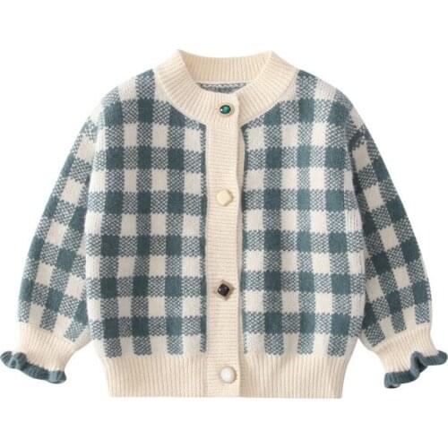 Girl autumn new knit plaid cardigan Girl windproof warm plaid sweater Girl fashion plaid cardigan coat Girl knit sweater