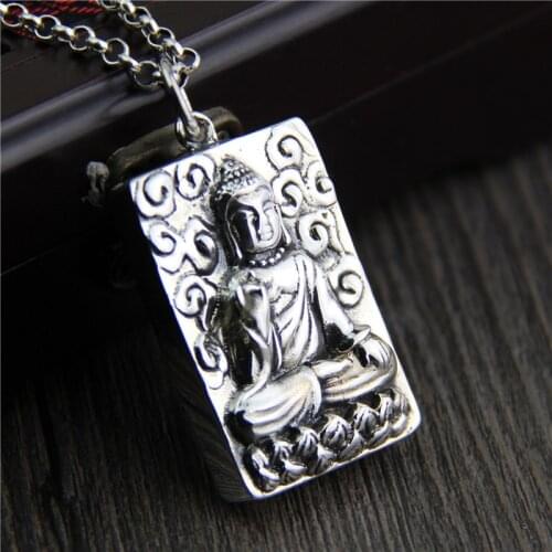 S925 Sterling Silver Retro Thai Silver Necklace Sakyamuni Buddha Pendant Men & Women Pendant Tag