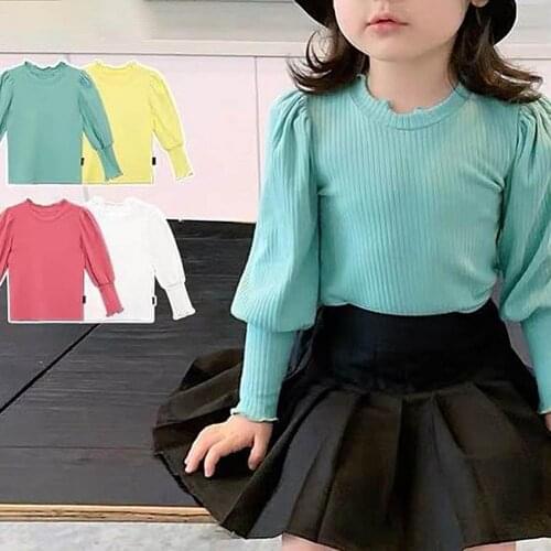 Baby Girls Rib Long Puff Sleeve Irregular O Neck Spring Autumn Knitted Sweater Candy Color Childrens Warm Clothes Shirts