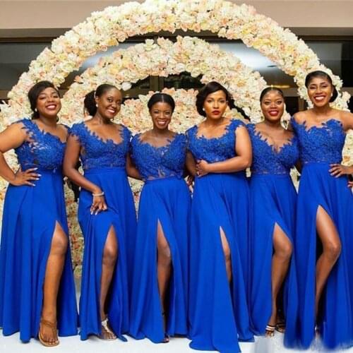 African Plus Size Bridesmaid Dresses 2020 Lace Applique Thigh High Slits Formal Prom Gowns vestido longo