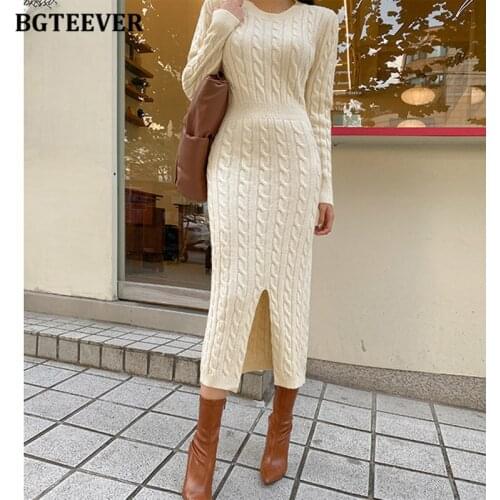 BGTEEVER Autumn Winter O-neck Women Package Hip Sweater Dress Fashion Slim Waist Twisted Split Female Knitted Vestidos 2020