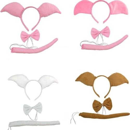 Party Animal Ears Headband Tail Bowtie Pink Pig Cosplay Halloween Costume for Kids Adult Birthday Gift Christmas