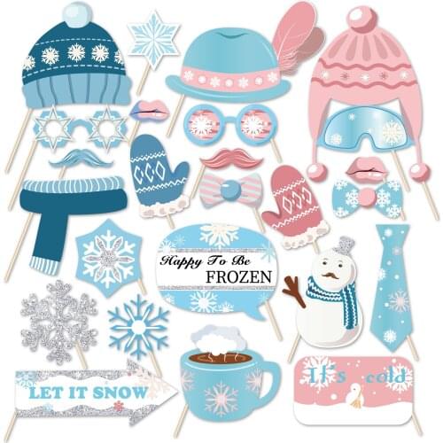 Pink Blue Winter Snow Mr Mrs Photobooth Props Merry Christmas Theme Party Decorations DIY Mr Mrs Photobooth Party Supplies