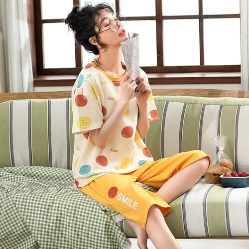 Cartoon Cute Little Print Ladies Round Neck Sleepwear Suit Summer Spring Cotton Soft Womens Korean Casual Plus Size Home Wear