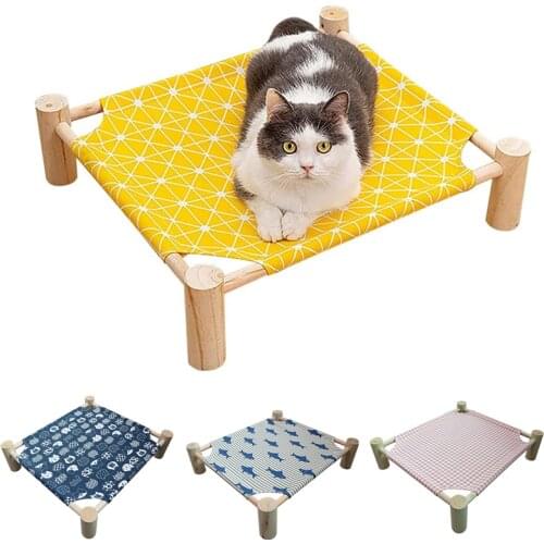 Removable Elevated Cat Bed Wood Canvas Breathable Cat House for Small Rabbit Cats Dogs Bed House Supplies