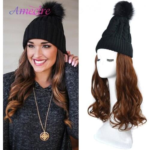 Beanie Hat with Synthetic Long Wavy Curly Hair Slouchy Hat Wig Knit Beanie Winter Hat For Woman