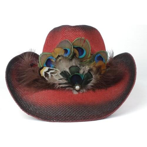 Retro Women Straw Hollow Western Cowboy Hat Lady Bohemia Tassel Peacock Feather Sombrero Fedora Beach Cowgirl Jazz Sun Hat