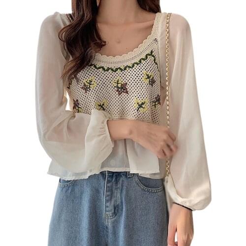 Cute Womens Shirt Sweet Floral Print Crop Top Ladies Long Sleeve Chiffon Blouses Summer Clothes 2021