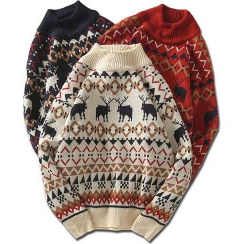 Christmas Printed Deer Sweater Fashion Men Sweater Knitwear Unisex Streetwear Jersey Pull Homme Half Turtleneck Vintage Sweater