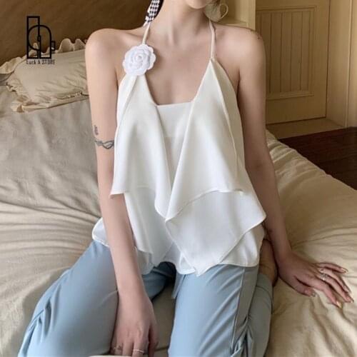 Luck A Summer Sexy Y2k Crop Tops Women Korean Designer Backless Sweet Mini Satin Tops Casual Irregular Party Beach Strap Tops