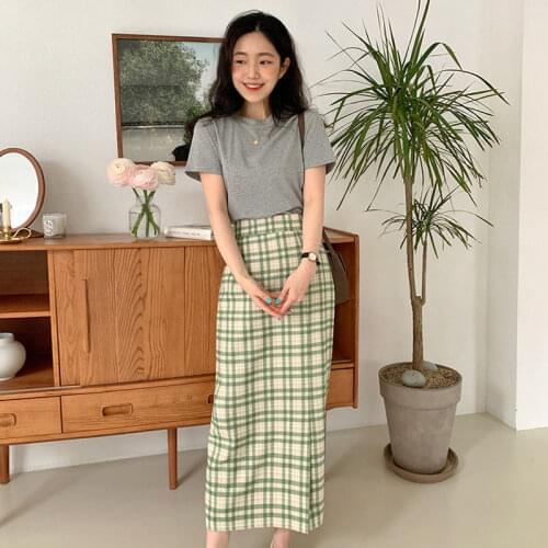2021 Spring/Summer Retro Korean Design High Waist Skirt Mid-length Split Plaid A-line Skirt Set