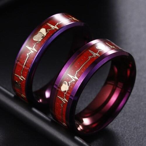 Lovers' 6mm/8mm Romantic Emotional Color ECG Heartbeat Mood Ring Titanium Stee Rings For Women Men Couples Unisex Wedding Bands