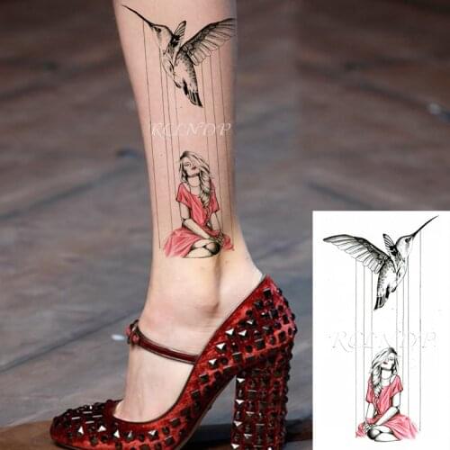 Waterproof Temporary Tattoo Sticker Hummingbird Bird Sexy Red -skirt Girl Line Element Fake Tatoo Flash Tatto for Women Men