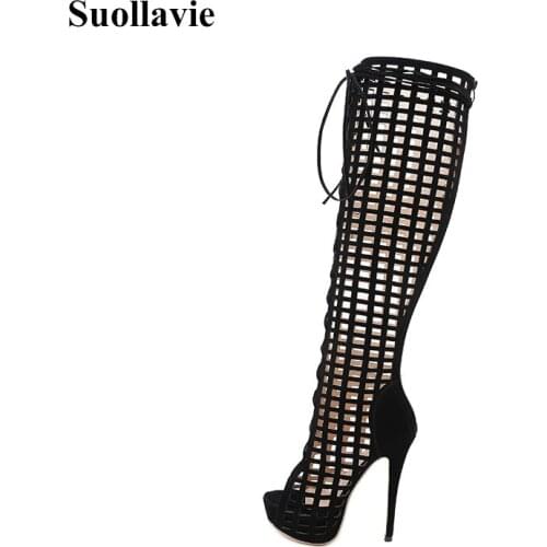 Suollavie 2021 hot women boots Over-the-Knee boots women sexy hollow out platform shoes female lace-up high heels peep toe shoes