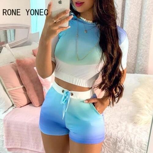 Women Colorblock Tie Dye Crop Top & Eyelet Drawstring Shorts Set Summer Vacation Suit