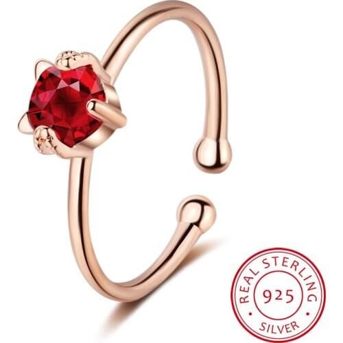 925 Sterling Sliver Cute Cat Kitty Red Zirconia Stone Rings For Women Animal Initial Knuckle Womens Finger Ring Boho Jewelry