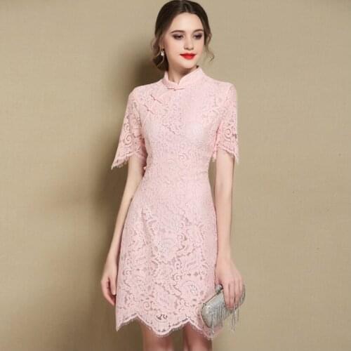 Hook Flower Hollow Pink Elegant Lace Cheongsam Dress Summer Women Short Stand Collar Classic Skirt Chinese Style Wave Hem Skirts