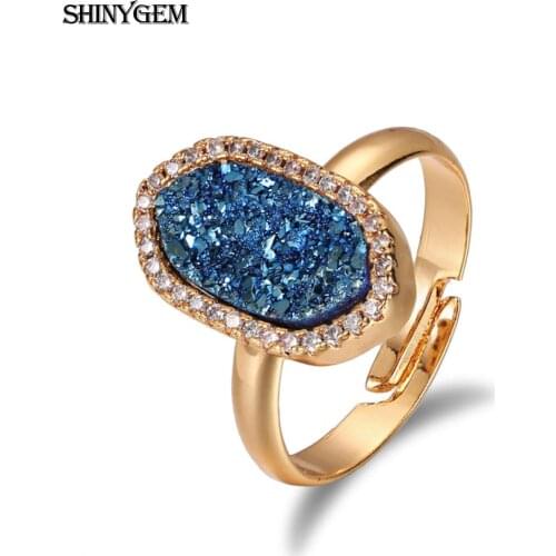 ShinyGem Fashion Crystal Love Ring Oval Eye Natural Druzy Stone Engagement Ring Adjustable Size Pure Gold Wedding Ring For Women