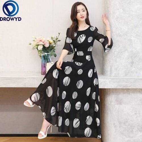 2021 Summer Black Boho Beach Maxi Dress for Women Fashion O-neck Short Sleeve Dot Print Chiffon Long Dress Elegant Party Vestido
