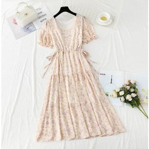 2021 Floral Print Ruffled Summer Dress Women Elegant Drawstring Puff Sleeve Female Chiffon Dress Bohemian Sweet Long Dress