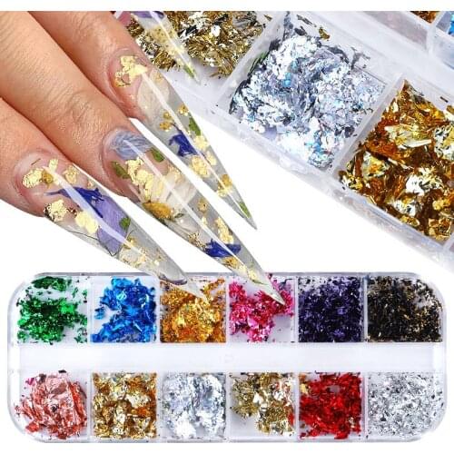 12Grid Gold Foils Mixed Nails Glitter Flakes Paillette Chip Aluminum Nail Design Shinny Nail Art Decoration Accessories