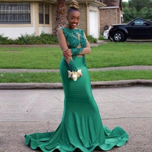 Green Long Sleeve Mermaid Prom Dresses 2019 New Lace Applique Beading Illusion Formal Evening Dress Black Girl Sweep