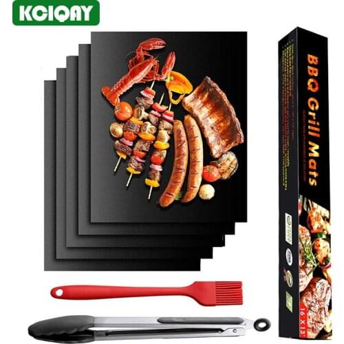 5Pcs Non-Stick Coating BBQ Grill Mat Barbecue Grilling Sheet Liner Baking Mat BBQ Tools Set With Oil Brush BBQ Tong Gift Box