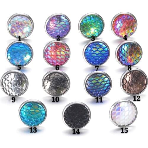 6 pairs /lot 12mm Stainless Steel Mermaid Fish Scales Stud Earrings Faux Druzy Jewelry For Women Party Gift