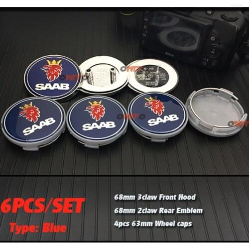 Car styling 2pcs 68mm car front hood bonnet emblem rear emblem 4pcs 63mm car wheel center cap for 9-3 9-5 93 95 9000