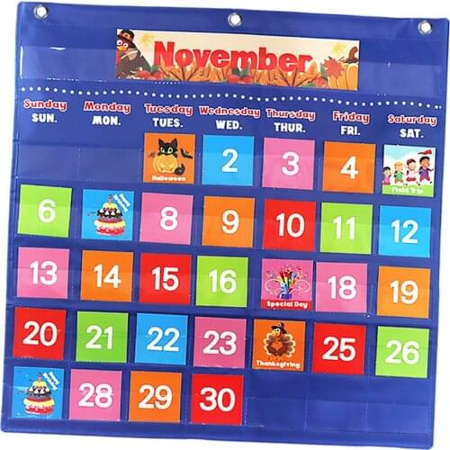 Child Preschool Calendar Chart Illustrated Cards Wall or Fridge Hanging Pocket Chart Kids Teaching Supplies Toy