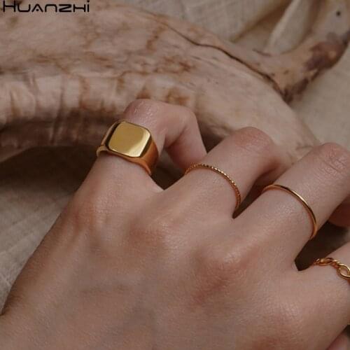 HZ 2020 New Korean Trendy Wide Version Glossy Gold Color Plated Simple Geometric Rectangle Metal Rings for Women Girls Jewelry