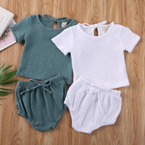 Baby Boy Summer Clothing Set Girls Cotton&Linen T-Shirts Tops+Kids Shorts Newborn Pants Solid 2pcs Short Sleeve Outfits