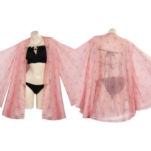 Anime Demon Slayer Kamado Nezuko Cosplay Costume Swimwear Cloak Outfits Summer Beach Bikini Suit