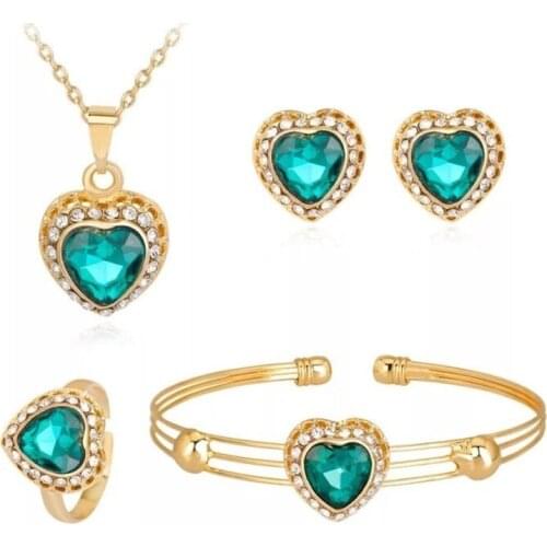 MINHIN Fashion Austrian Crystal Love Heart Jewelry Sets for Women 4Pcs Necklace/Earrings/Bangle/Ring Bridal Wedding Sets