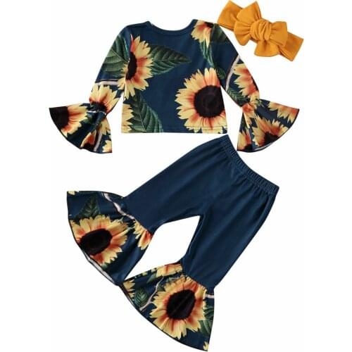 Fashion Kids Baby Girl Cloths Long Flare Sleeve Sunflower print Tops+Ruffle Pants Leggings +Headband 3Pcs Outfit Set