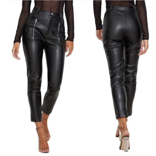 Spring new arrival Personality stretch pu leather pants female zipper stitching high waist great quality leather pants F1024