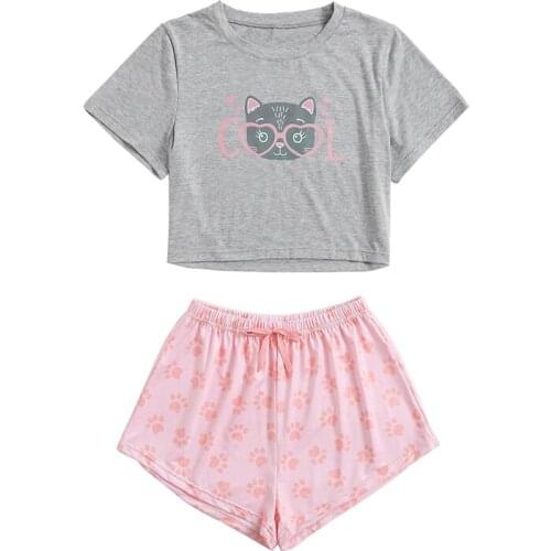 ZIPTAC Summer Female Pajamas Set Cartoon Print Cute Short Sleeve Mujer Leisure Homewear Tracksuit