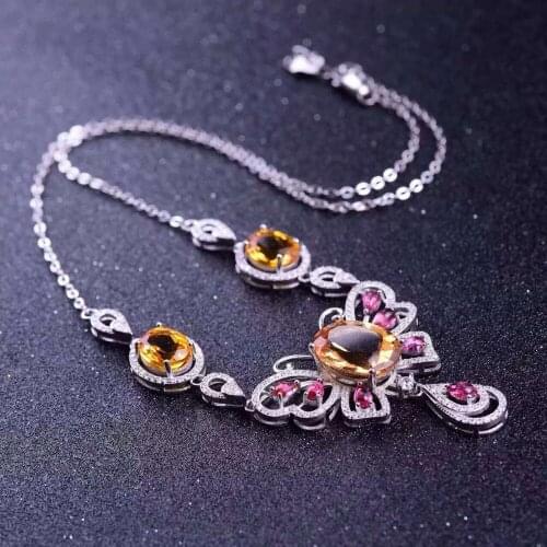 Natural multicolored tourmaline Pendant necklace S925 silver Natural yellow crystal necklace Luxury butterfly party jewelery