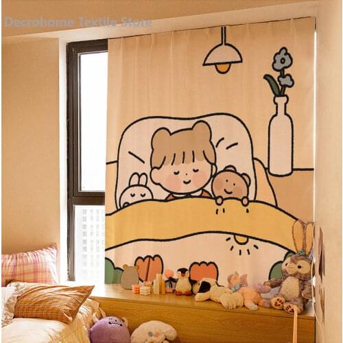 Simple Cartoons Curtains for living room Korean Cute Shading Home Bedroom Curtain Velcro Free Installation Paste Children Girls