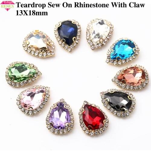 RESEN 20PCS/PACK 13X18mm Teardrop Shape Glass Rhinestone With Gold Claw For Clothing Decoration DIY Sew on Drop Rhinestone