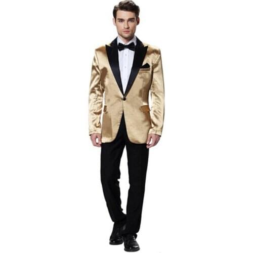 High Quality groom suits gold three Piece suit peaked lapel Costumes Wedding Suit formal Concert dress (jacket+pants+tie)