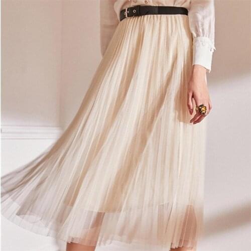 Tulle skirt womens skirt spring and summer new high belt middle length A-line pleated skirt fairy tulle skirt