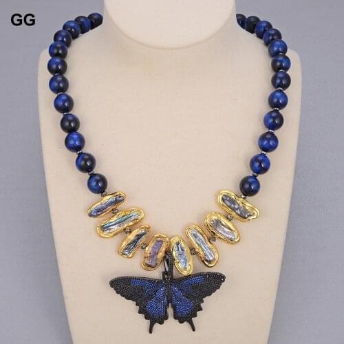 GuaiGuai Jewelry Natural Blue Tigers Eye Round Smooth Gold Color Black Biwa Pearl Necklace CZ Butterfly Pendant 20" For Women