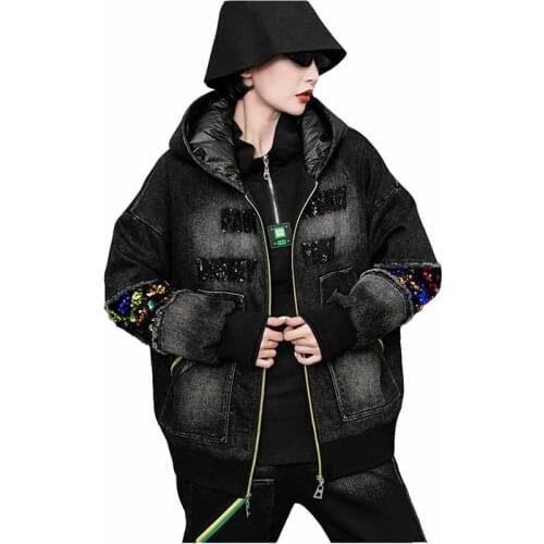 High Quality Denim Jacket Winter Women Thick Padded Coats Sequins Knitted Threaded Hem and Cuffs Large Size Jeans Outwear KW401