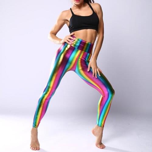 Womens Hologram Metallic Rainbow Leggings Glitter Neon Stripes Printed High Waist Pants Faux Leather Party Clubwear