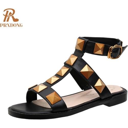Genuine Leather Women Sandals 2021 New Brand Low Square Heel Black White Dress Casual Rome Shoes Gladiator Sandals Size 34-39