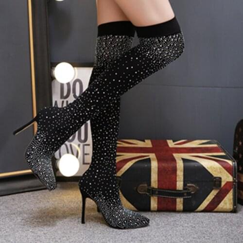 Womens Boots Pumps Luxury Rhinestone Over The Knee High Boots Long Socks And High-Heeled Rhinestone Over-The-Knee Boots Autumn