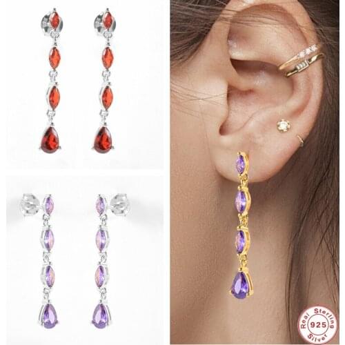 GS 925 Sterling Silver Purple Red Oval Zircon Long Chain Drop Earrings Women Teardrop Crystal Charm Pendant Dangle Earrings