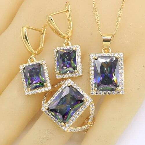 Geometric Gold Color Jewelry Sets for Women Rainbow Zircon Earrings Necklace Pendant Open Rings Adjustable Gift Box